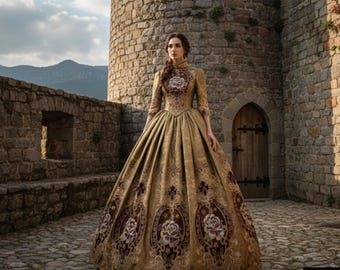 Elegant Medieval Gold Brocade Ball Gown with Burgundy Floral Embroidery - High Collar Renaissance Dress for Weddings, Proms, or Cosplay