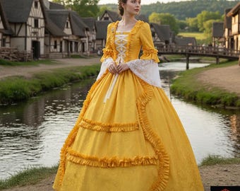 Yellow 18th Century Rococo Gown: Ruffled Period Dress for Historical Reenactments, Cosplay & Theater Performances - Victorian Lace Gown