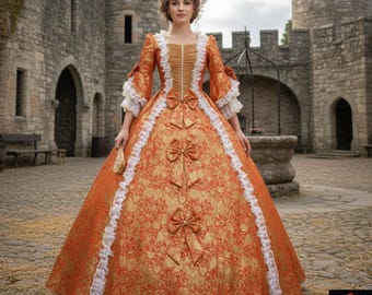 Rococo Ball Gown 18th Century Orange Gold Brocade Dress Marie Antoinette Medieval Fantasy Costume Baroque Lace Ruffle Victorian Cosplay