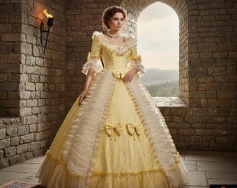 Yellow Victorian Ballgown Rococo Lace Dress Medieval Renaissance Fair Costume Floral Damask Belle Cosplay Gown Fantasy Ball Outfit Prom