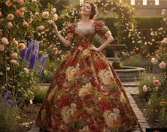 Floral Tapestry Ballgown with Puff Sleeves & Pearl Trim - Elegant Renaissance Style Evening Dress in Romantic Burnt Orange and Red Rose
