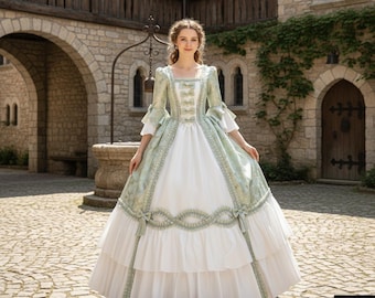 Handmade 18th Century Rococo Ball Gown, Sage Green Brocade and Ivory Ruffle Marie Antoinette Dress, Historical Period Costume for Women