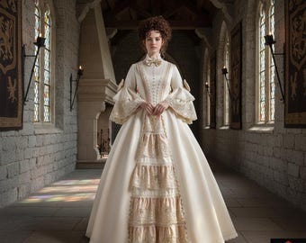 Regal Cream Victorian Gown Medieval Renaissance Dress Fantasy Cosplay Costume Lace Bell Sleeve Ball Gown Vintage Wedding Gown LARP Dress