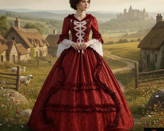 Red Medieval Dress: Elegant Brocade Fantasy Gown with Lace-up Corset for Renaissance Fairs, LARP, and Beautifully Themed Period Costume