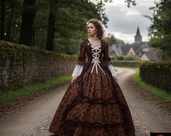 Brown Floral Damask Historical Gown - 18th Century Rococo Corset Dress with Lace Sleeves - Victorian Period Costume for Fantasy Wedding