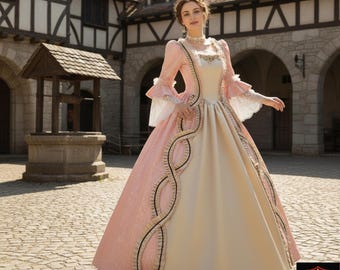 Rococo Pink Lace & Cream Satin Ball Gown - Elegant 18th Century Baroque Dress for Reenactments and Victorian Masquerades - Deluxe Costume