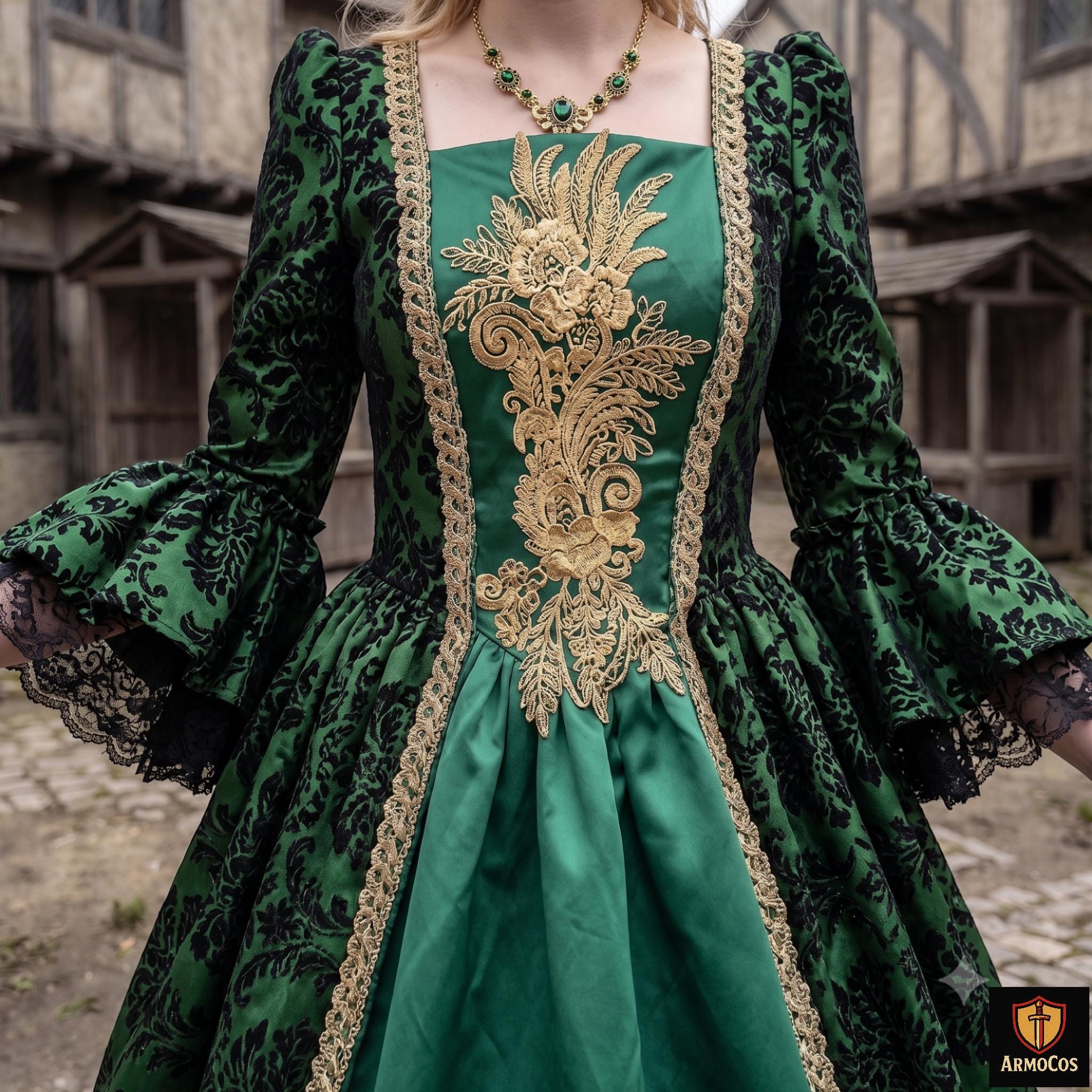 emerald green renaissance dress Medieval Dress in Emerald Green Damask, Renaissance Gown for Events