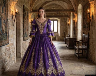 Royal Purple Medieval Gown with Gold Lace Embroidery - Elegant Renaissance Victorian Ball Gown for Women - Fantasy Princess Party Gowns