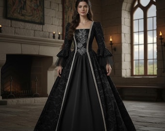 Renaissance Medieval Gown Black Gothic Fantasy Dress Silver Embroidery Bell Sleeves LARP Costume Cosplay Victorian Floor Length Ball Gown
