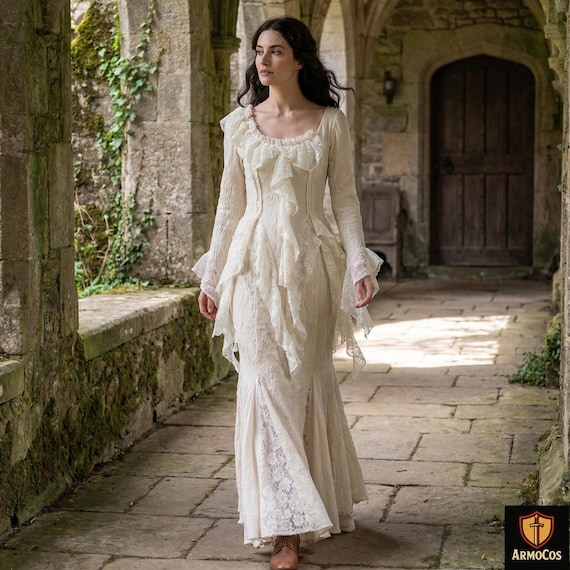 Medieval Off-White Ruffle Top & Lace Mermaid Skirt Set | Renaissance Bohemian Victorian Festival Two-Piece Outfit for Women - Cream Lace Medieval Off-White Ruffle Top & Lace Mermaid Skirt Set | Renaissance Bohemian Victorian Festival Two-Piece Outfit for Women - Cream Lace