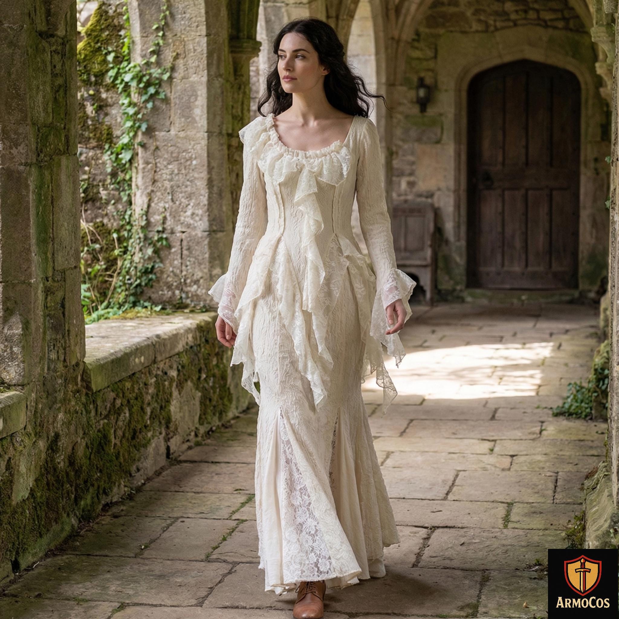 cream medieval dress Vintage Cream Medieval Dress | Long Sleeve Boho Gown | Cosplay LARP Maxi Dress For Her