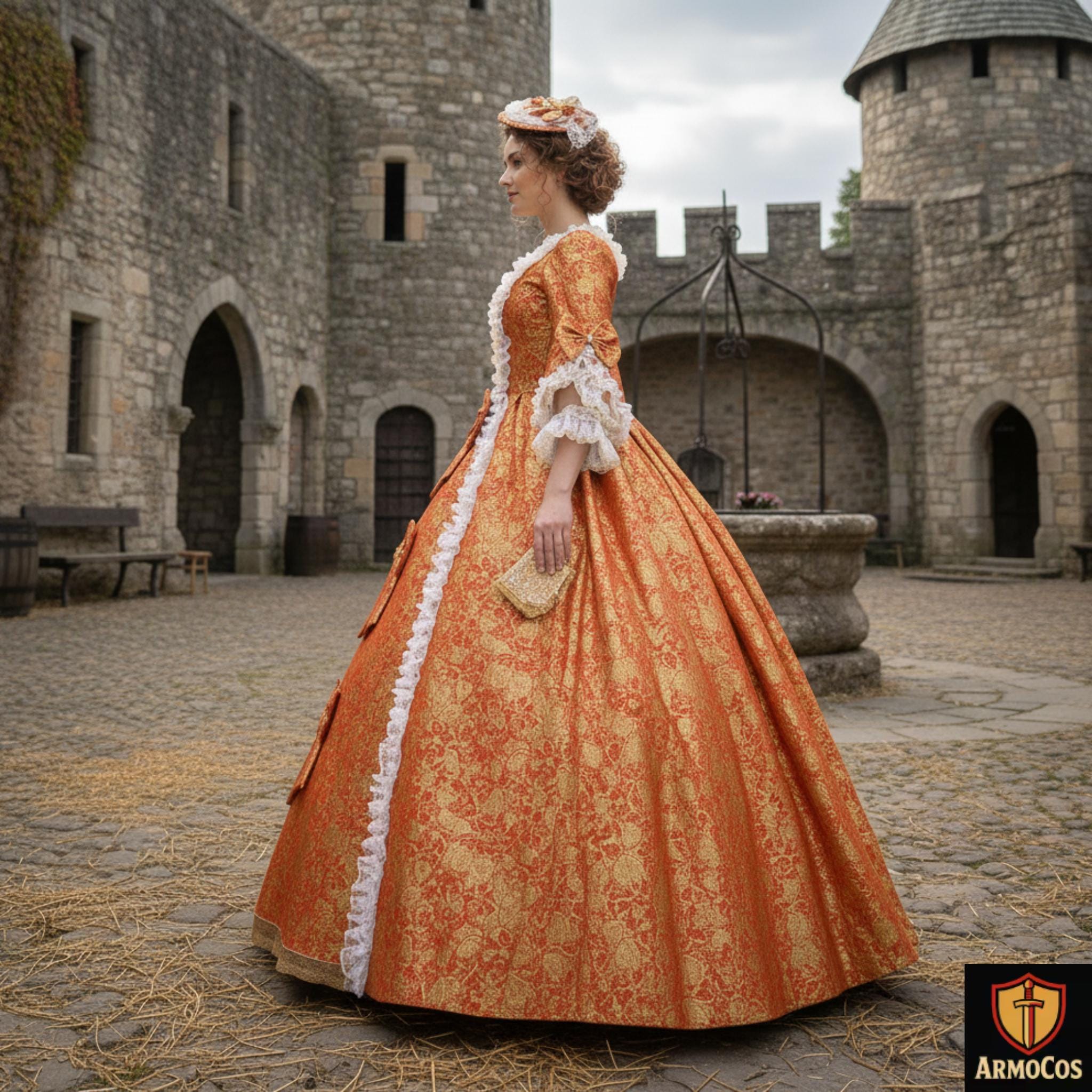 orange victorian dress High-end Green And Orange Floral Rococo Southern Belle Marie Antoinette  Dress Medieval Reenactment Theater Costume