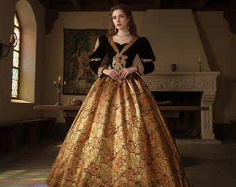 Renaissance Gown Medieval Fantasy Dress Black Velvet Gold Brocade Tudor Elizabethan Costume Royal Queen LARP Cosplay Theater Goth Gowns
