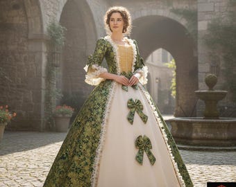 18th Century Gown: Green Floral Brocade Rococo Dress with Lace Trim & Cream Panel - Perfect for Historical Reenactments and Period Balls