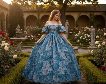 Blue Brocade Renaissance Ball Gown Off Shoulder Puffed Sleeve Medieval Fantasy Princess Dress Victorian Prom Gown Regency Gothic Outfit