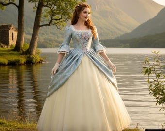 Rococo Dress 18th Century Gown Marie Antoinette's Style Light Blue Floral Damask Renaissance Fair Outfit Victorian Ball Gown Lace Tulle