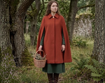 Medieval Pure Wool Cape, Red Cloak Jacket for Fantasy Cosplay