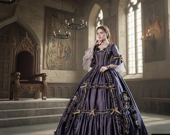 Royal Purple Medieval Renaissance Gown, Elegant Satin Ball Gown with Gold Ruffles & Lace Sleeves, Historical Victorian Cosplay Costumes
