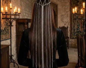 Crystal Medieval Hair Headpiece with Rhinestone Lattice Chains, Fantasy Crown Head Jewelry for Cosplay, Renaissance, Bridal or Costume Use
