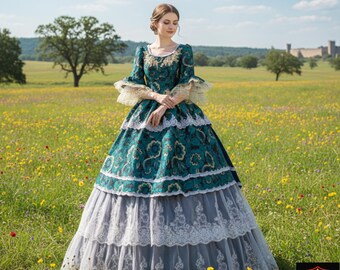 Teal and Gold Victorian Gown with Tiered Gray Lace Skirt - Exquisite Floral Embroidered Period Dress for Luxury Weddings & Grand Events