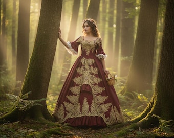 Burgundy Victorian Ball Gown with Gold Embroidery, Lace Bell Sleeves, Elegant Fantasy Renaissance Dress for Cosplay or Masquerade Gala.