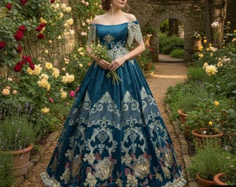 Teal Blue Medieval Ballgown with Silver Lace Embroidery, Off-the-Shoulder Renaissance Dress, Victorian Floral Gown for Fairytale Events