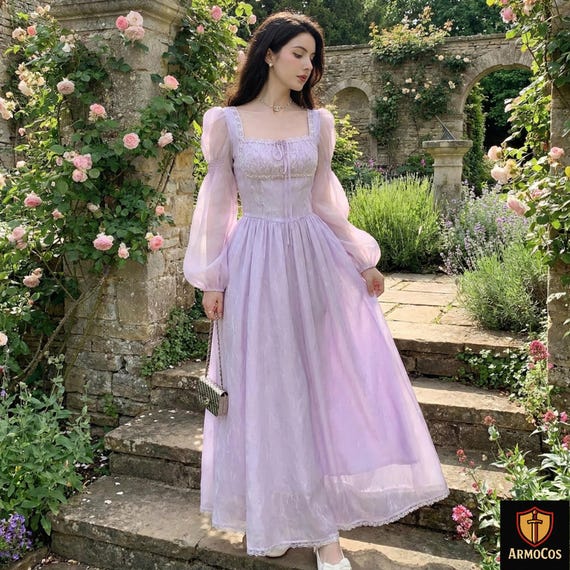 Lilac Fairycore Corset Dress with Puff Sleeves and Lace Trim, Vintage Princess Long Gown, Cottagecore Renaissance Inspired Maxi Dress Lilac Fairycore Corset Dress with Puff Sleeves and Lace Trim, Vintage Princess Long Gown, Cottagecore Renaissance Inspired Maxi Dress