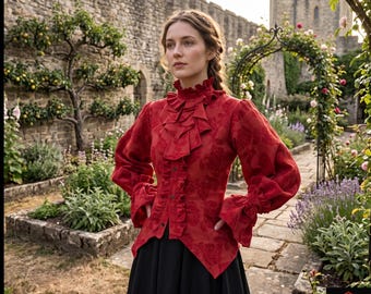 Medieval Long Sleeve Renaissance Blouse, Red Jacquard Cotton Linen
