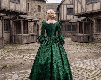 emerald green renaissance dress Emerald Green Renaissance Gown, Gold Embroidered Elven Kaftan Dress with Bell Sleeves, Historical Medieval Fantasy Wedding & Engagement