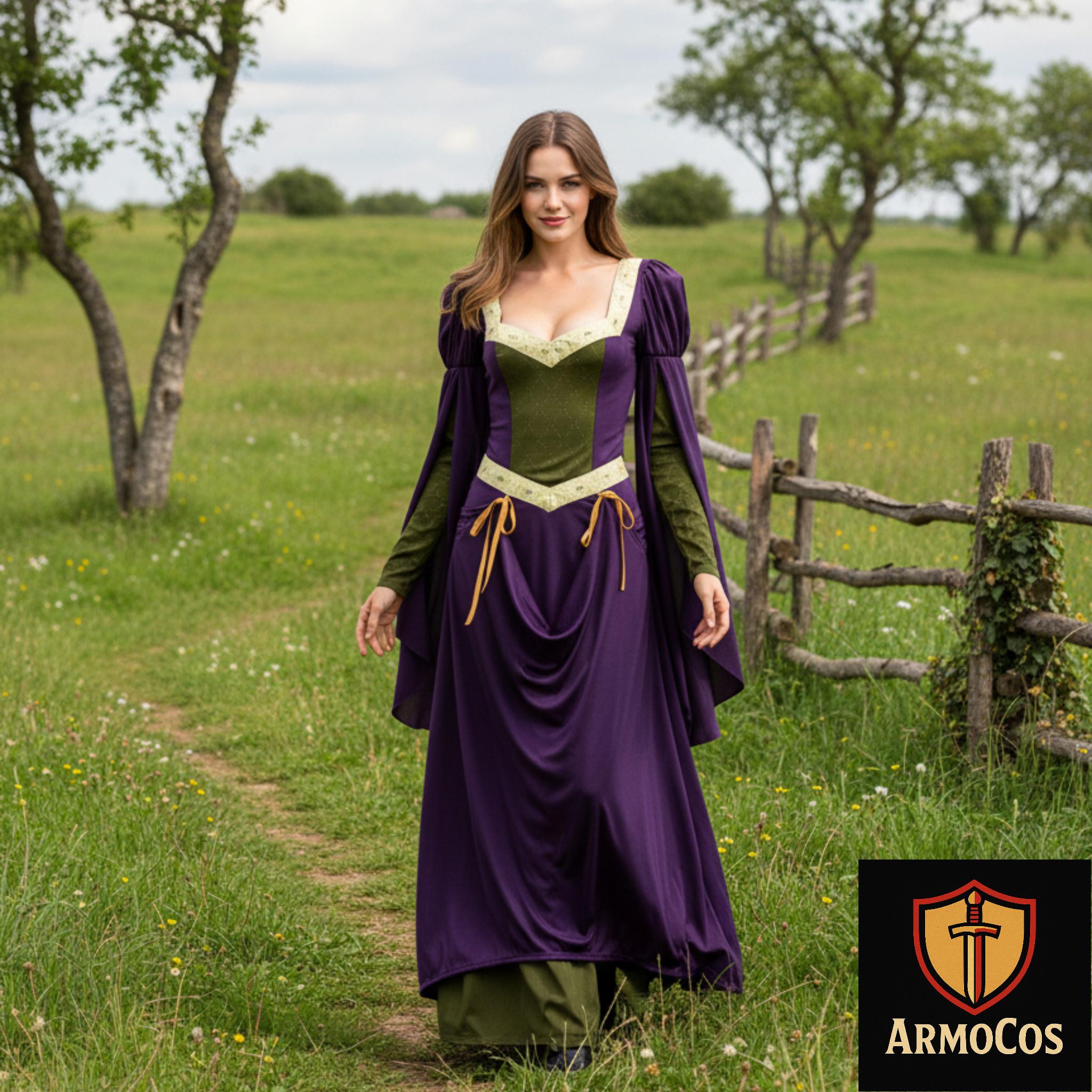 Elegant Medieval Purple and Green Renaissance Gown With Flowing Sleeves,  Lace-up Bodice  Perfect for Costume Parties Historical Events - Etsy