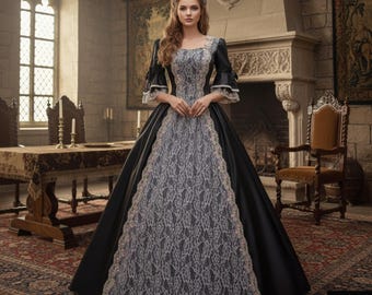 Medieval Renaissance Dress Black Gothic Gown Floral Lace Embroidery Fantasy Cosplay Costume LARP Victorian Ball Gown Formal Party Dress