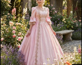 Pink Renaissance Dress Medieval Gown Fantasy Princess Costume Fairy Tale Cosplay LARP Outfit Victorian Style Lace Embroidered Ball Gown