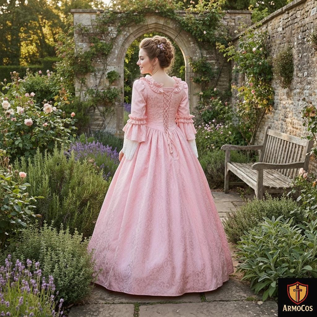 Historial Ruffle Trim Victorian Pink Ball Gown - Lace Trimmed Period Costume for Women ...
