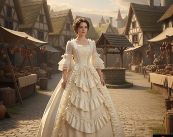 Ivory Medieval Renaissance Gown Fantasy Wedding Dress Lace Corset Ruffle Bell Sleeve Ballgown LARP Cosplay Costume Victorian Fairy Tale