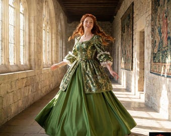 Renaissance Gown: Green and Gold Brocade Bodice with Sage Satin Skirt - Medieval Fantasy Costume for Cosplay, Weddings, and Reenactment