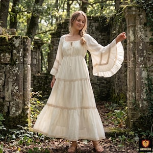 long sleeve elf dress Women's Medieval Renaissance Retro White Fantasy Dress Historical Bell  Sleeves Fairy Elf Gown