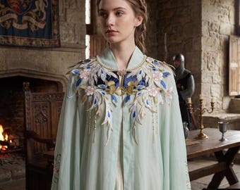 Mantellina con colletto a forma di ala ricamata con perle e fiori rosa, collana rinascimentale staccabile, accessorio fantasy per cosplay - SOLO COLLARE