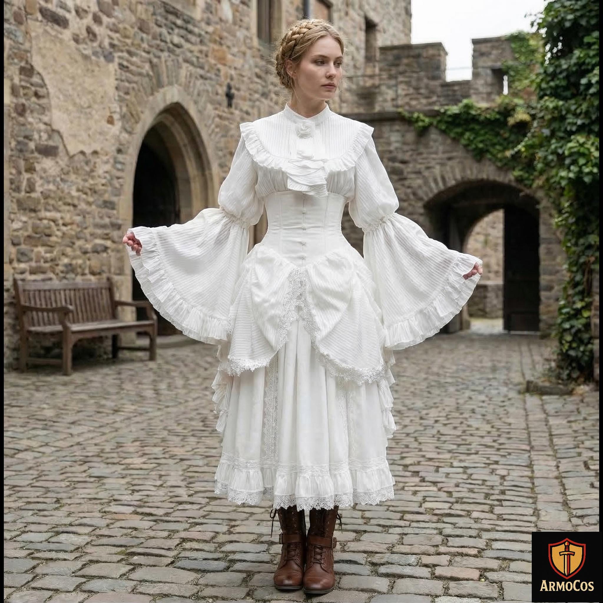 Medieval Dress Set White Gothic Victorian Two Piece Outfit Women Medieval Dress Set White Gothic Victorian Two Piece Outfit Women
