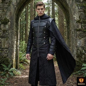 Men's Gothic Black Hooded Trench Coat | Steampunk Military Duster Jacket | Victorian Renaissance Frock Long Jacket