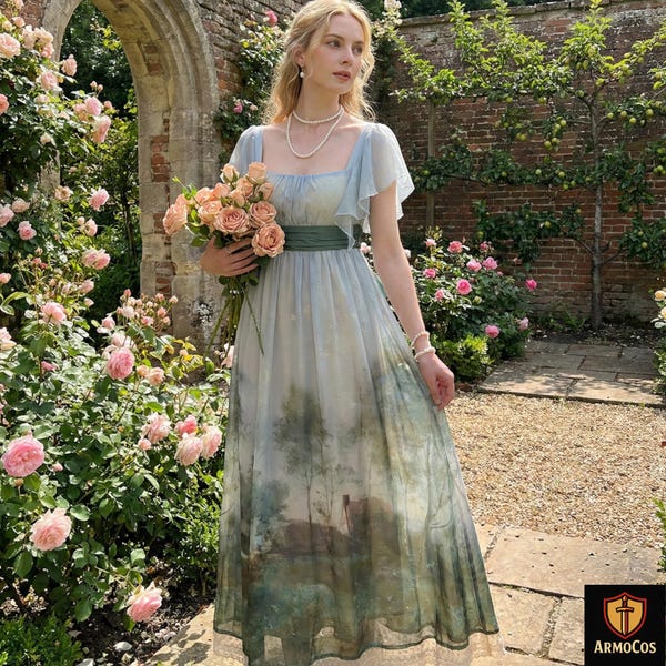 Ätherisches Chiffonkleid im Vintage-Stil mit Landschaftsdruck, Rüschenärmeln, Spitzensaum und romantischer Fairycore-Gartenästhetik