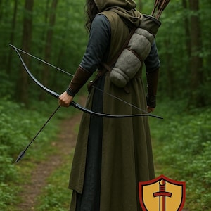 Könnte beinhalten: Eine Person in einer Waldumgebung, die ein mittelalterliches Kostüm trägt und einen Bogen und Pfeil hält. Das Outfit umfasst einen Kapuzenmantel, eine Tunika und einen Köcher mit Pfeilen. Das Logo "ARMOCos" ist sichtbar.