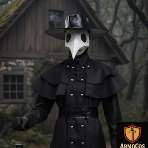 Plague Doctor Costume – Gothic Medieval Long Black Coat with Lantern for Halloween, Cosplay, Steampunk & Masquerade Party