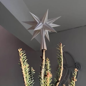 Puede incluir: Un adorno de estrella blanco de múltiples puntas y tres dimensiones con una base cónica, colocado sobre la rama central de un pino verde. La estrella presenta puntas geométricas afiladas que irradian desde un núcleo central simétrico.