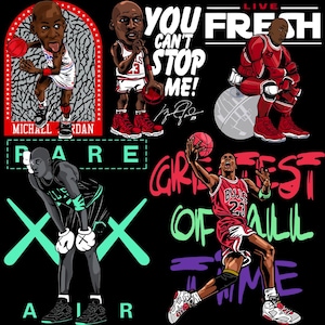 May include: A black graphic featuring multiple illustrations of Michael Jordan in various poses, holding basketballs. Text includes "YOU CAN'T STOP ME!" and "GREATEST OF ALL TIME."