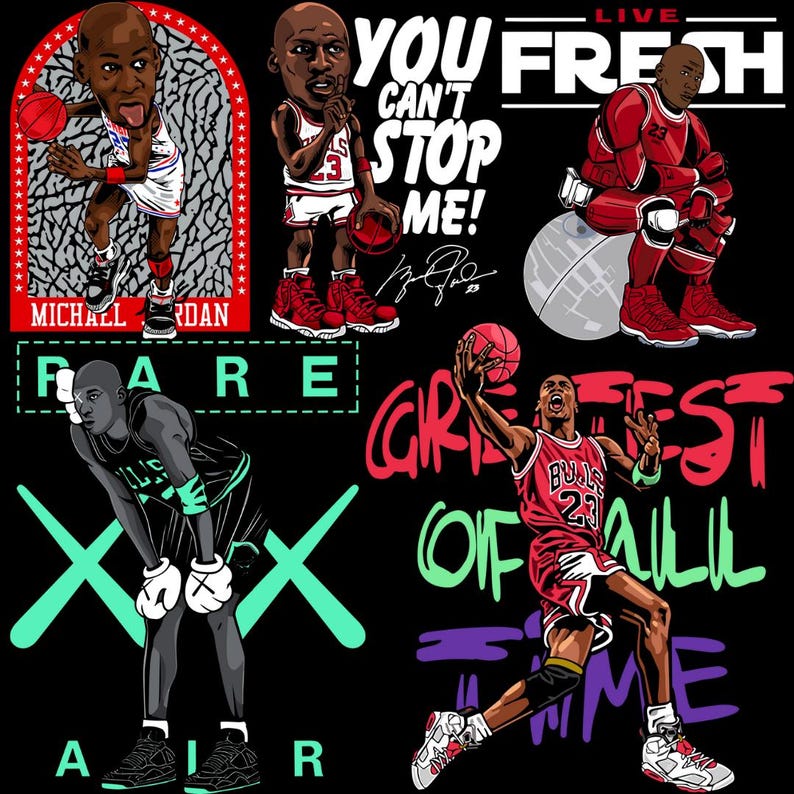 May include: A black graphic featuring multiple illustrations of Michael Jordan in various poses, holding basketballs. Text includes "YOU CAN'T STOP ME!" and "GREATEST OF ALL TIME."