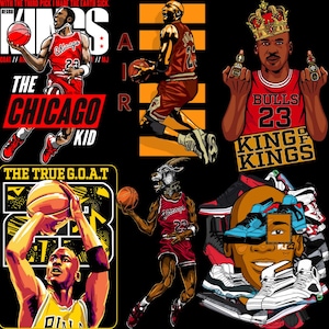以下が含まれることがあります： バスケットボールをテーマにしたグラフィックのコラージュ。背番号23の赤いジャージを着た選手が登場。画像には「Chicago Kid」や「King of Kings」などのテキスト、バスケットボールや靴のイラストが含まれています。