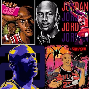 May include: A collage of pop art style illustrations featuring Michael Jordan. The images include portraits, action shots, and references to his career. The color palette is vibrant, with bold use of red, purple, and yellow.