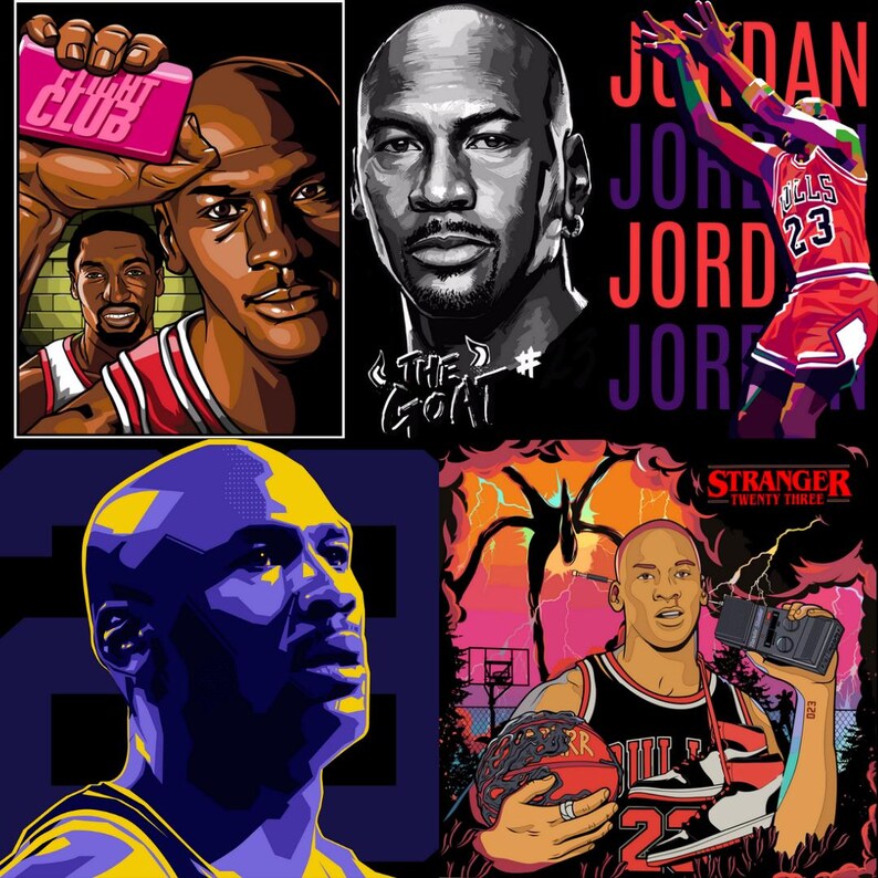 May include: A collage of pop art style illustrations featuring Michael Jordan. The images include portraits, action shots, and references to his career. The color palette is vibrant, with bold use of red, purple, and yellow.