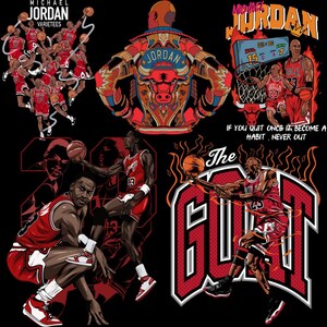 May include: A collage of illustrations featuring Michael Jordan in his Chicago Bulls uniform. The images include action shots, portraits, and text that reads "MICHAEL JORDAN" and "The GOAT". The color scheme is primarily red, black, and white.