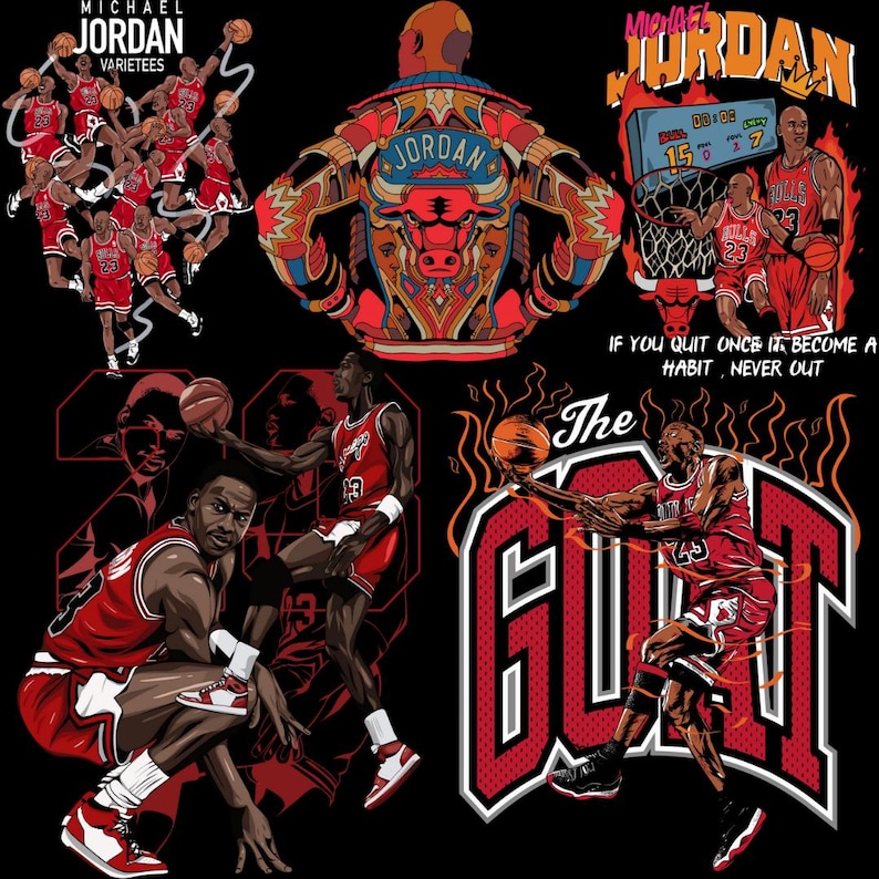 May include: A collage of illustrations featuring Michael Jordan in his Chicago Bulls uniform. The images include action shots, portraits, and text that reads "MICHAEL JORDAN" and "The GOAT". The color scheme is primarily red, black, and white.